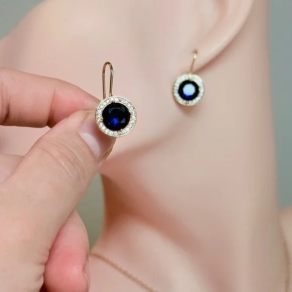 ⚜️ Elegant Gold Earrings With Blue and Clear Zirconia 💎 - Picture 5 of 11